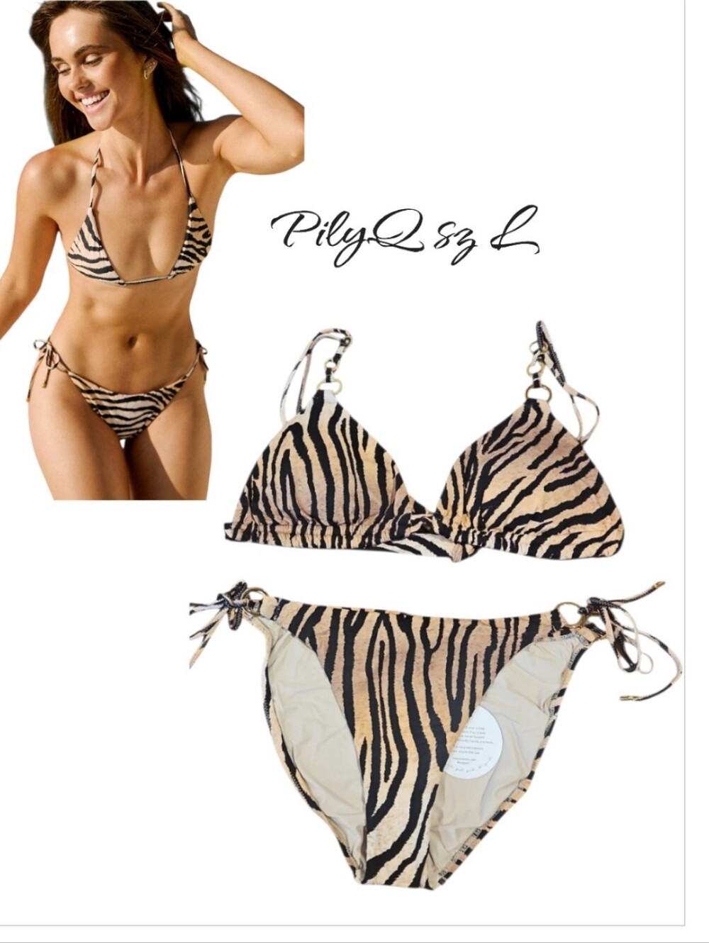 PilyQ Clio Zebra Print Link Triangle Bikini Set GoldRing Hardware Swimwear L NWT